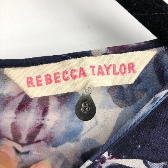 Rebecca Taylor  Blue black Abstract Printed Short Sleeve Silk Blouse Size 8 - Picture 5 of 16